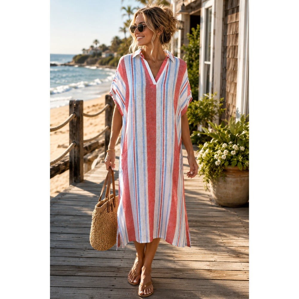 Isaac Mizrahi New York Linen Blend Striped Kaftan Maxi Dress Red Blue Large